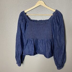 J Crew Cropped Denim Top Shirred Hippie Boho Peasant Western Women's Size Medium